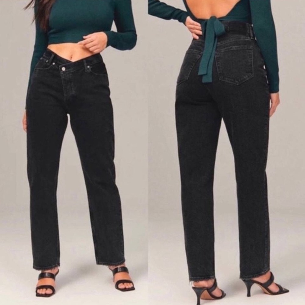 Abercrombie & Fitch Curve Love The Dad High Rise Asymmetrical Jeans Black 28 6S‎